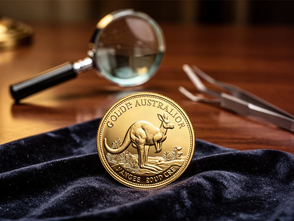 Złota moneta Kangur australijski o wadze 1 uncji leżąca na aksamitnym podłożu obok narzędzi jubilerskich.