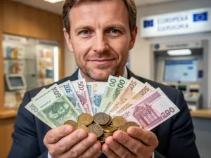 Młody mężczyzna trzymający kluczyki do samochodu, zastanawiający się nad wyborem pierwszego ubezpieczenia komunikacyjnego.