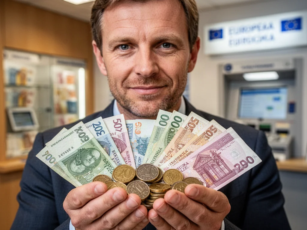 Mężczyzna trzymający w dłoniach czeskie korony oraz polskie banknoty, symbolizujący wymianę walut.