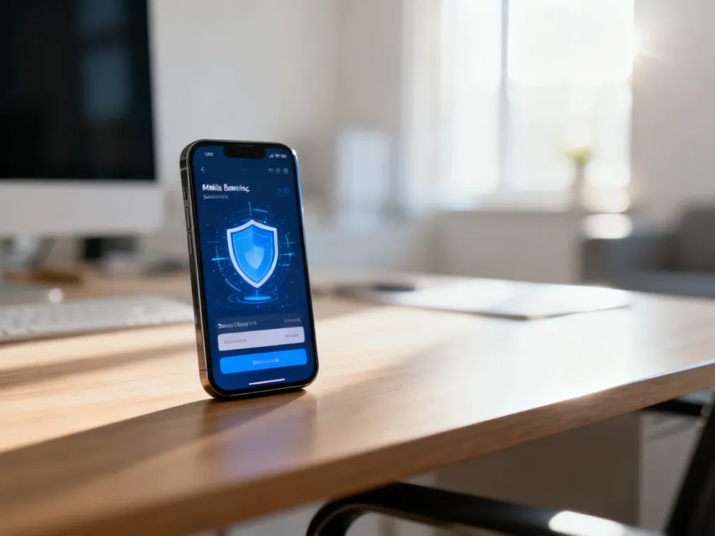 Smartfon z ikoną tarczy na ekranie aplikacji bankowej, leżący na biurku w jasnym, nowoczesnym biurze.