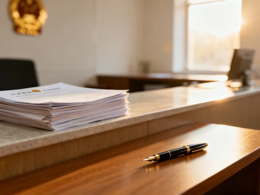 Profesjonalne biurko urzędowe z dokumentami i piórem, symbolizujące miejsce składania wniosków o akt urodzenia.