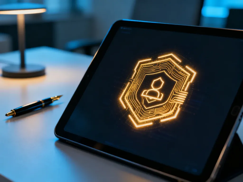 Cyfrowy tablet z ikoną kryptograficznego zabezpieczenia, symbolizujący nowoczesne metody uwierzytelniania dokumentów.