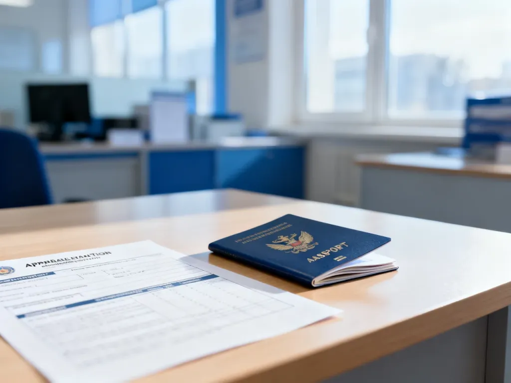Otwarty paszport i formularz wniosku leżące na biurku w nowoczesnym urzędzie administracji.