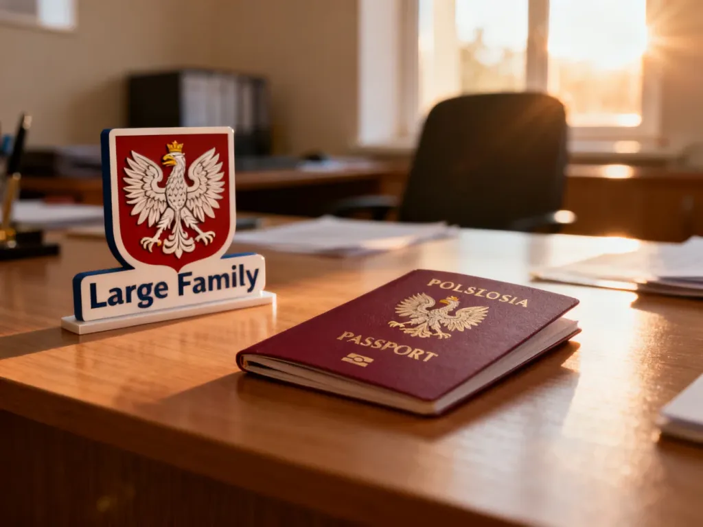 Polski paszport leżący obok symbolu Karty Dużej Rodziny na drewnianym biurku.
