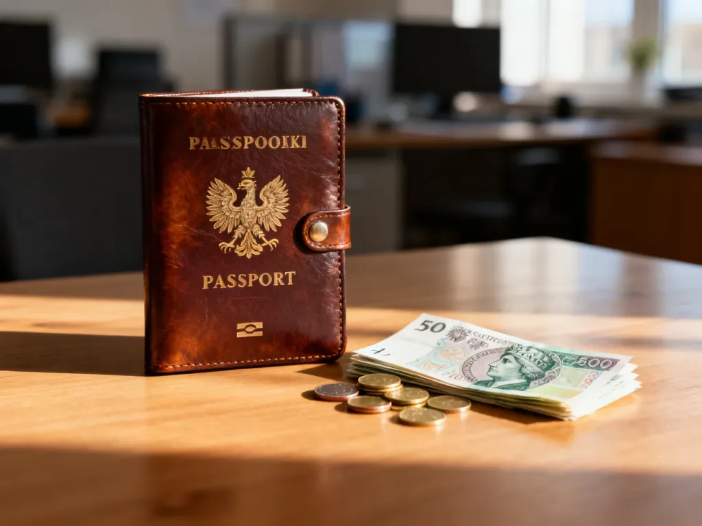 Skórzane etui na paszport leżące na drewnianym stole obok polskich banknotów i monet.