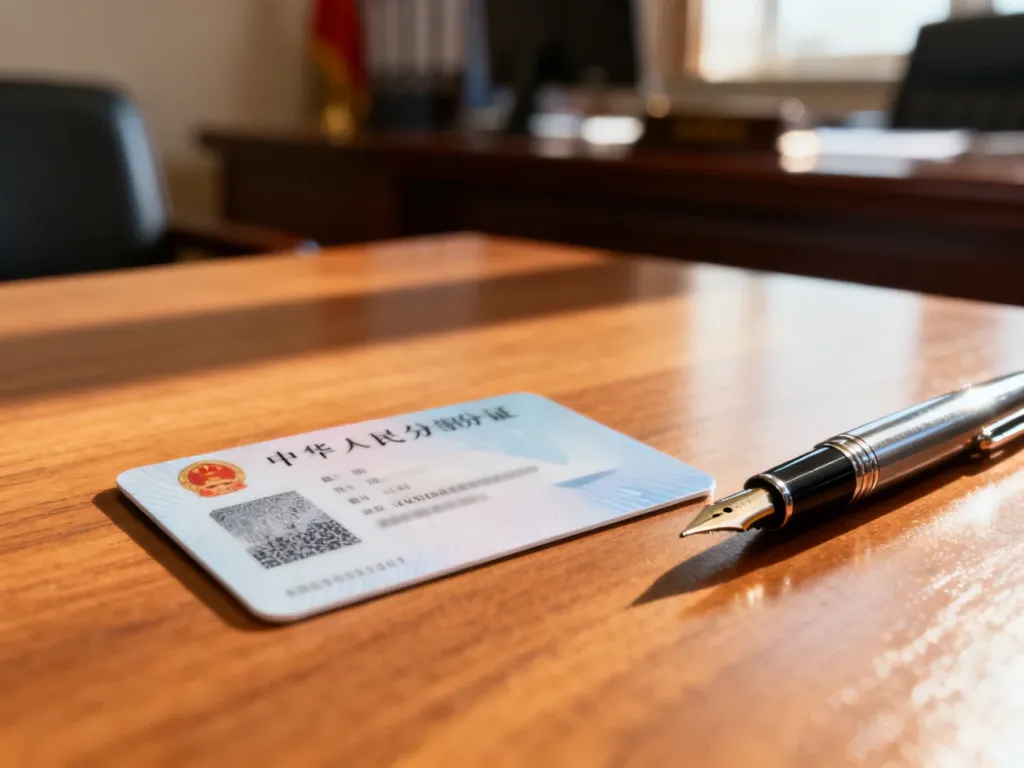 Nowoczesny dowód osobisty leżący na drewnianym biurku obok pióra, symbolizujący formalności urzędowe.