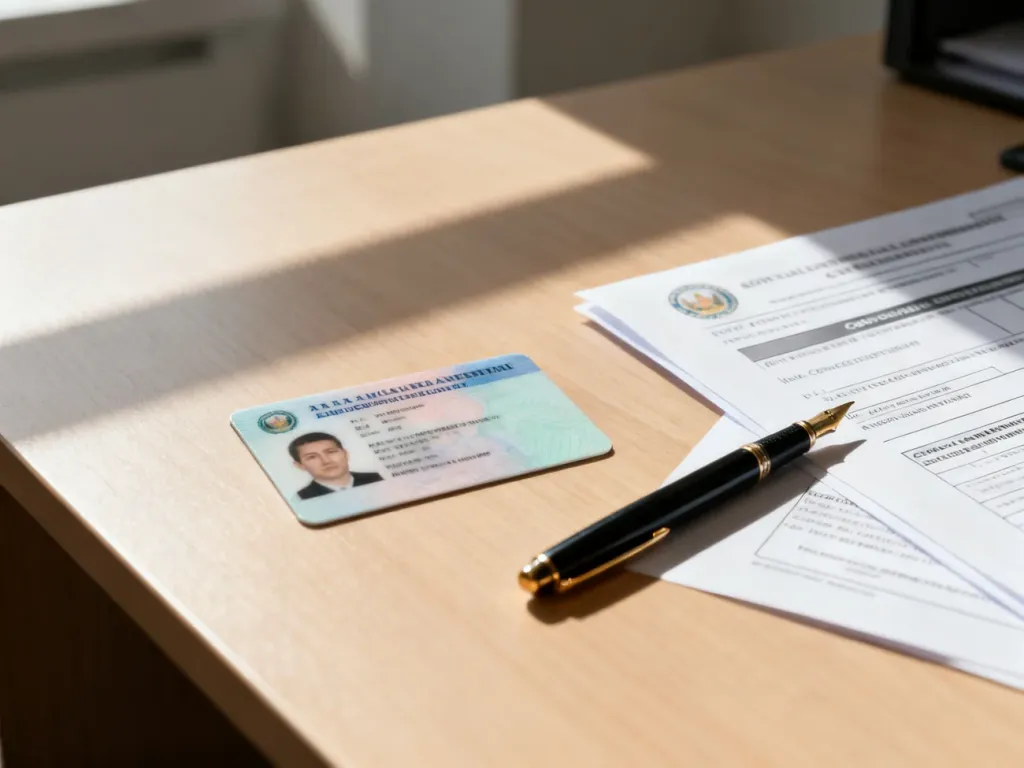 Biometryczny dowód osobisty leżący na biurku obok formularzy urzędowych i pióra, gotowy do wypełnienia wniosku.