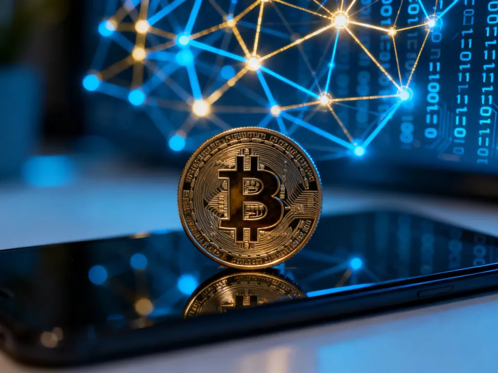 Błyszcząca moneta Bitcoin na szklanym podłożu z cyfrową siecią blockchain w tle, symbolizująca technologię kryptowalut.