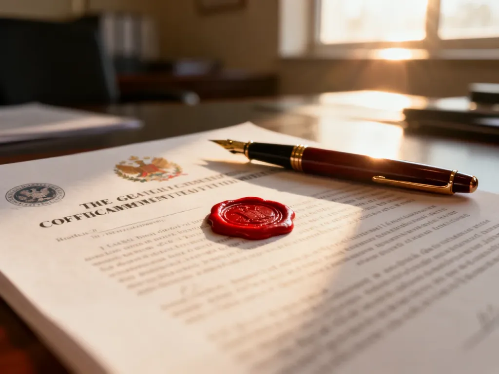 Oficjalny dokument z pieczęcią lakową i piórem wiecznym, symbolizujący proces uzyskiwania zaświadczenia o niekaralności.
