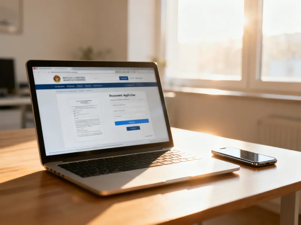 Laptop i smartfon na biurku z otwartą stroną rządową do składania wniosku o dowód osobisty przez internet.