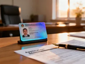 Biometryczny dowód osobisty leżący na biurku obok formularzy urzędowych i pióra, gotowy do wypełnienia wniosku.