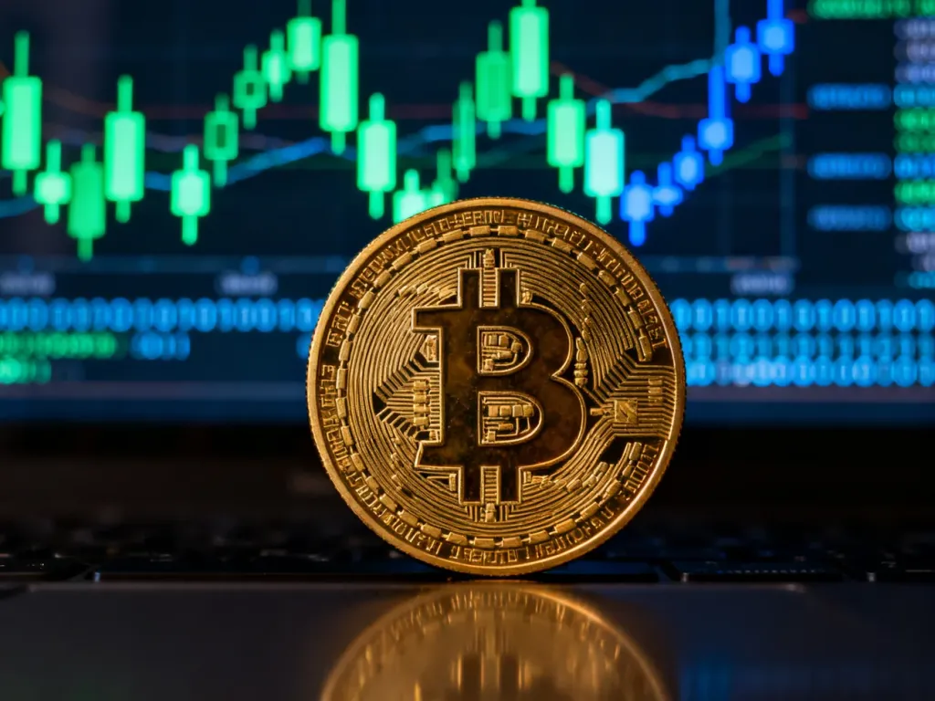 Złota moneta Bitcoin na ciemnym tle z rozmytym wykresem giełdowym, symbolizująca cyfrowe aktywa i technologię blockchain.